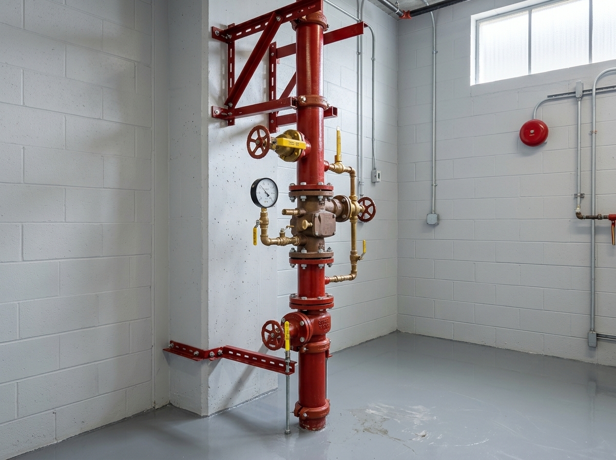 Sprinkler riser, valves and backflow assembly in a mechanical room in Sacramento, CA