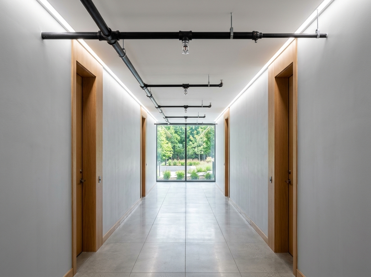 Sprinkler heads and piping in a multifamily corridor in Sacramento, CA